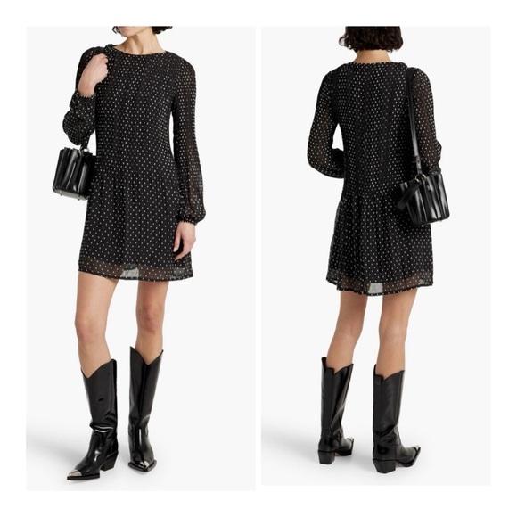 Maje Modern Pleated Allover Black & White Polka Dot Print Shift Mini Dress Small - Picture 1 of 11